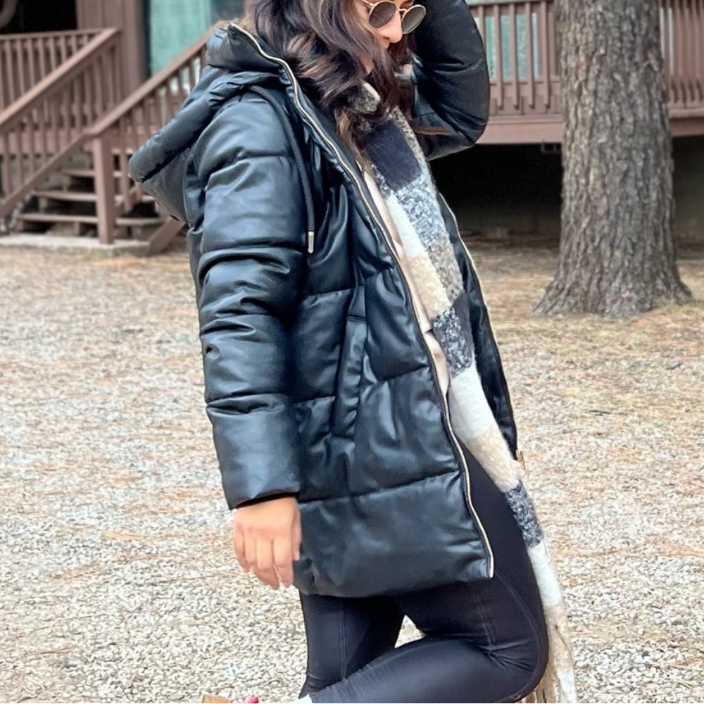 Zara Faux Leather Black Puffer Jacket with Hood